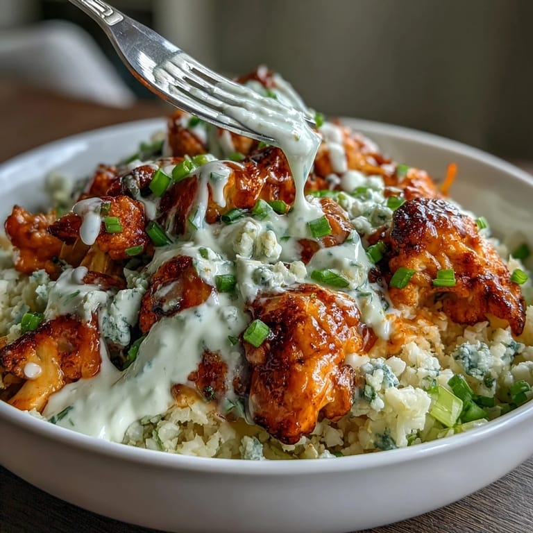Spicy buffalo chicken served over tender cauliflower rice, topped with crisp vegetables and tangy ranch for a keto-friendly meal.  