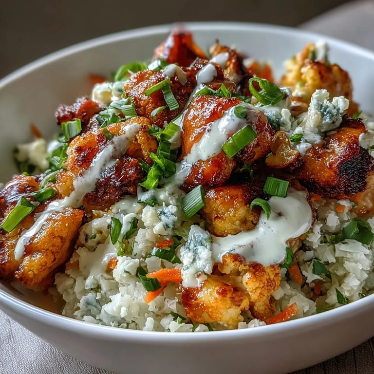 Buffalo chicken cauliflower rice bowls featuring bold flavors, crunchy veggies, and a cooling ranch drizzle—perfect for easy keto dinners.