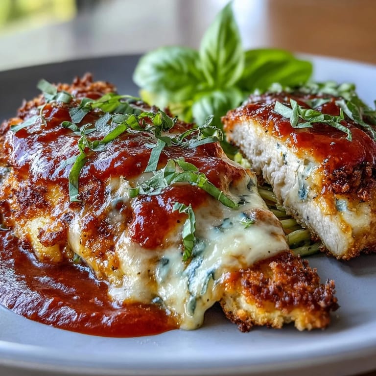 Oven-baked chicken parmesan over zucchini noodles, featuring juicy chicken breasts smothered in marinara and gooey mozzarella for a guilt-free Italian-American classic.