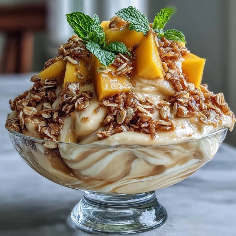 Creamy dairy-free mango coconut ice cream with crunchy toasted oats and a sprinkle of coconut, served in a chilled bowl for summer dessert.