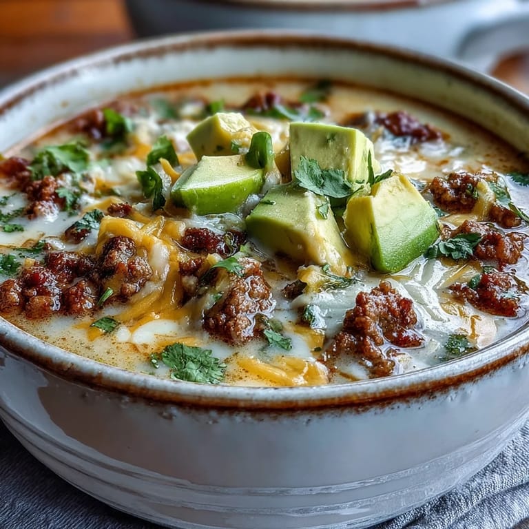 Comforting Mexican-inspired keto soup featuring tender ground beef, smooth cheese, and vibrant avocado topping.