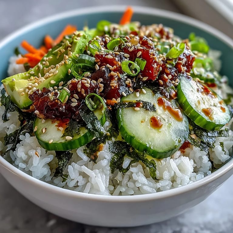 Easy seaweed snack sushi bowl with seasoned rice, sliced avocado, and a drizzle of zesty Sriracha mayo.