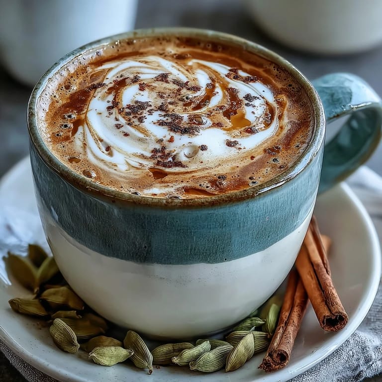 Spiced cardamom chai latte with frothy milk, cinnamon sticks, and cardamom pods, served in a charming ceramic mug.