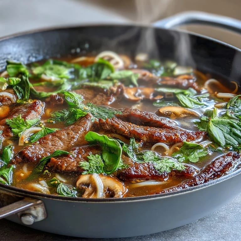 Colorful Asian hot pot with rice noodles, shiitake mushrooms, Napa cabbage, and beef in a savory broth, topped with fresh cilantro and lime.
