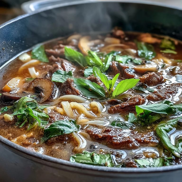 Vibrant hot pot feast featuring simmering broth, thinly sliced sirloin, crisp bok choy, and fragrant herbs, perfect for interactive dining.  