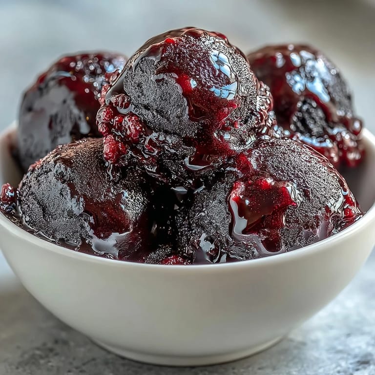 Creamy, tangy black currant sorbet served in chilled glass bowls with lemon twist.  