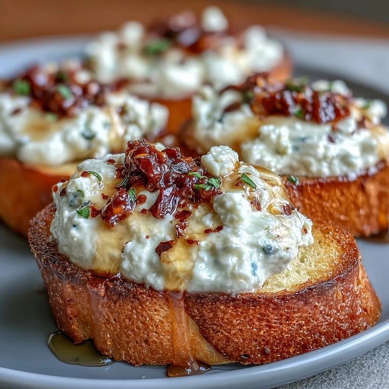 Crunchy crostini slathered with velvety whipped feta, finished with a sweet-hot honey glaze and a kick of red pepper flakes.