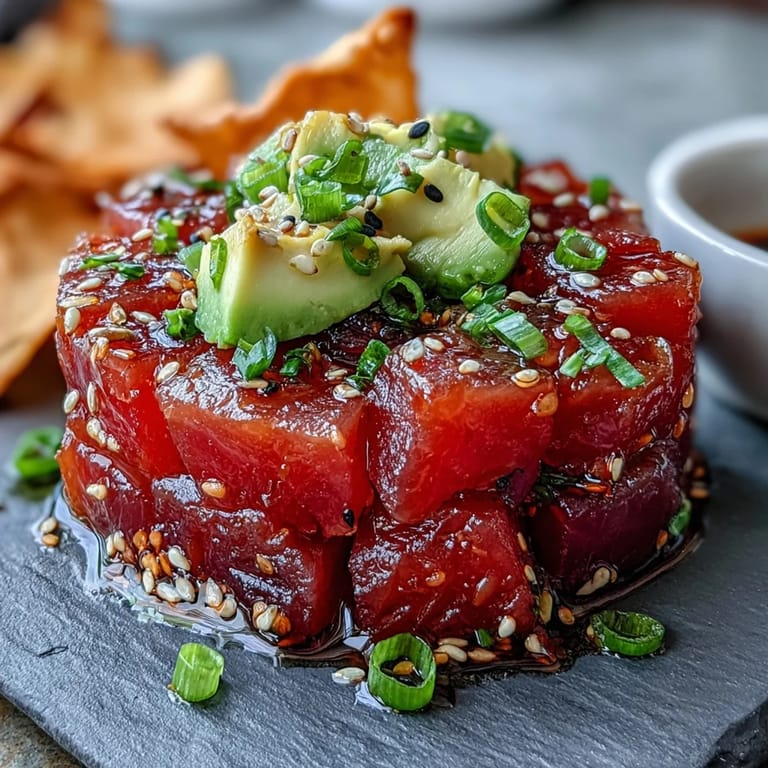 Vibrant spicy tuna tartare bowl with creamy avocado, scallions, and sesame seeds, paired with crunchy fried wonton crisps.