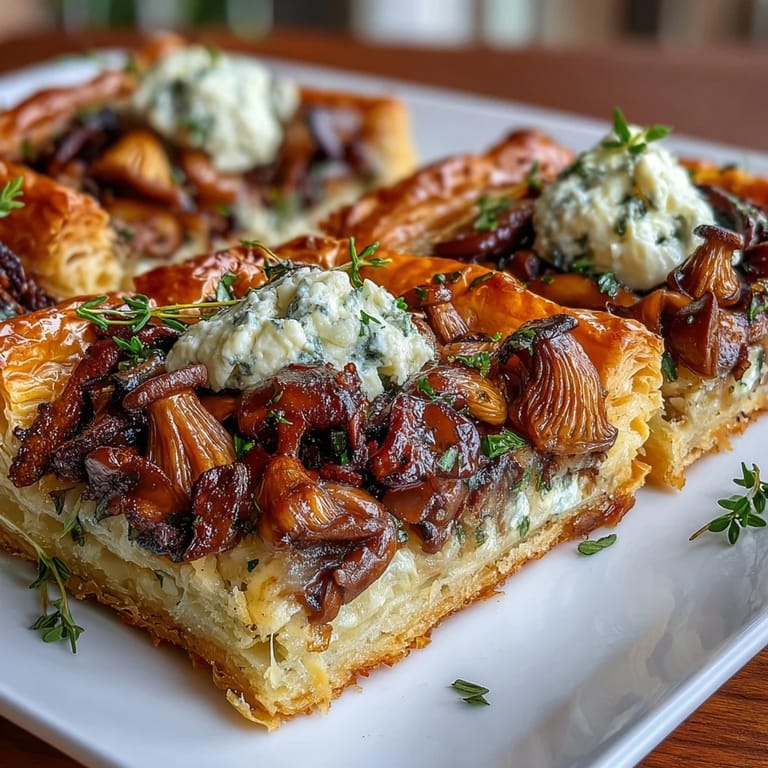Elegant French-style tart featuring sautéed wild mushrooms, garlic, and tangy goat cheese on crisp pastry.  