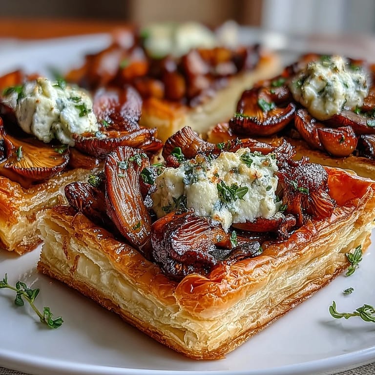 Rustic wild mushroom tart topped with medley of chanterelles and cremini, perfect for brunch or appetizers.