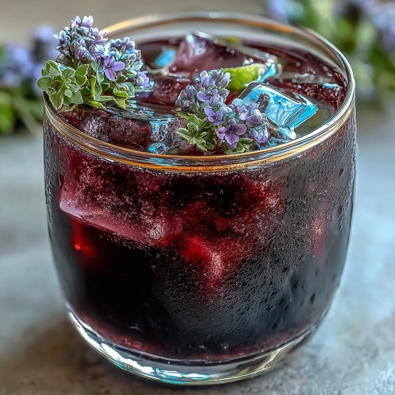 A vibrant black currant gin cocktail served over ice with a lime wheel and botanical garnish.