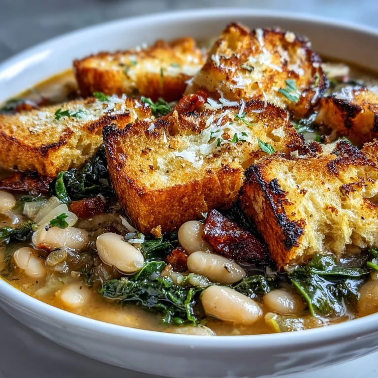 Rustic Italian white bean soup with tender kale, diced vegetables, and golden sourdough croutons for comforting flavor.  