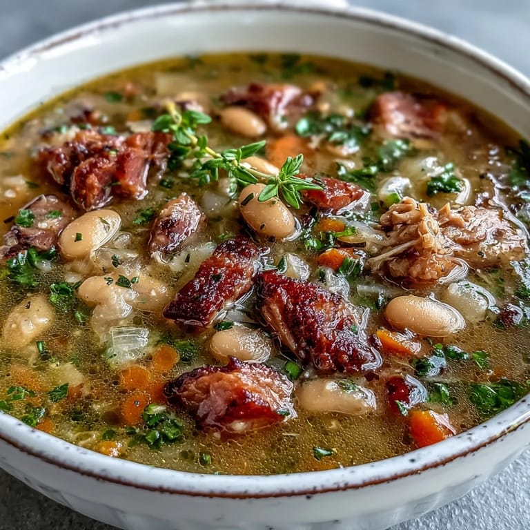 Rustic ham and navy bean soup with aromatic thyme, carrots, celery, and onion in a savory broth—perfect comfort food.  