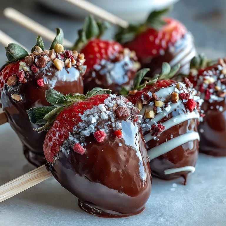 2. Elegant arrangement of juicy strawberries coated in dark and white chocolate, decorated with nuts and sprinkles for Valentine's Day.  