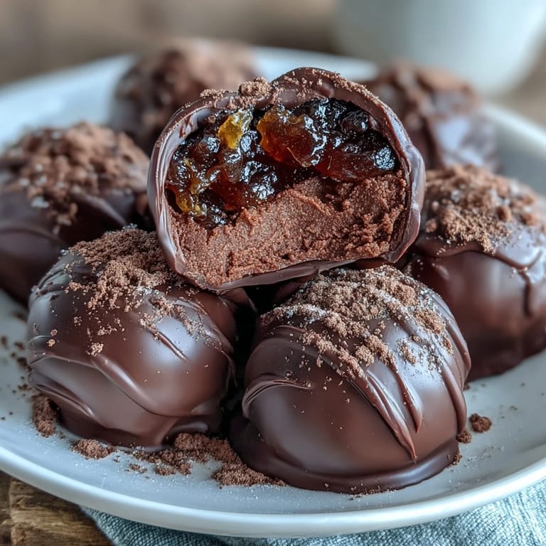 Velvety dark chocolate truffles encasing sweet, citrusy candied orange zest, perfect for a gourmet dessert gift.