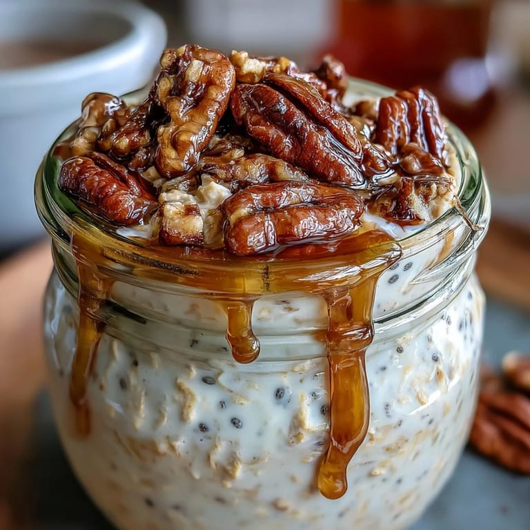 A jar of layered overnight oats with candied pecans and maple syrup, offering a healthy and indulgent morning treat.  