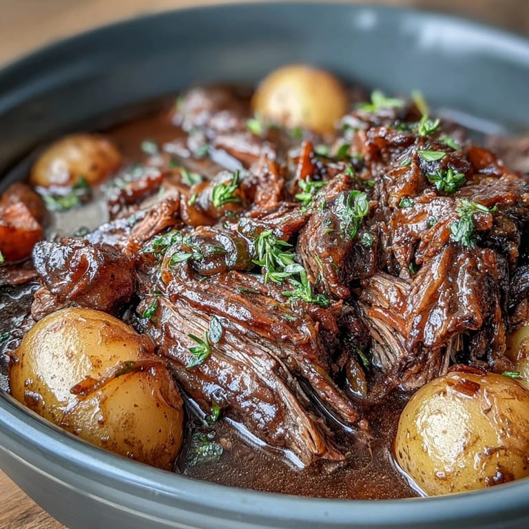 Slow cooker onion soup mix pot roast with fall-apart beef, savory broth, and tender potatoes and carrots—perfect for Sunday supper.