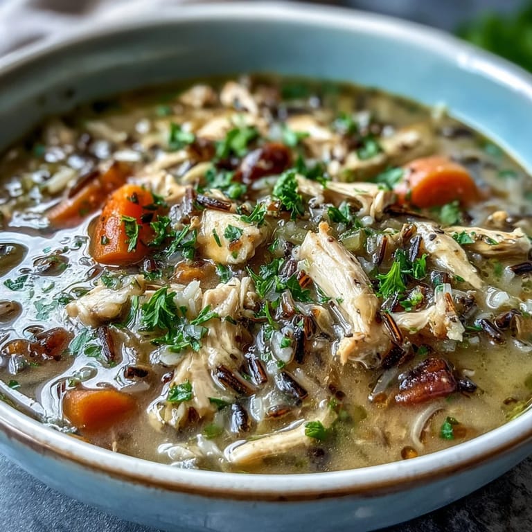 Creamy Chicken and Wild Rice Soup featuring nutty wild rice, shredded chicken, and sweet carrots.  