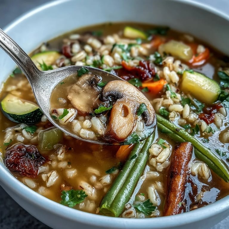 This hearty vegetable barley soup features earthy mushrooms, zucchini, and green beans in a rich broth, perfect for a nourishing vegetarian dinner.