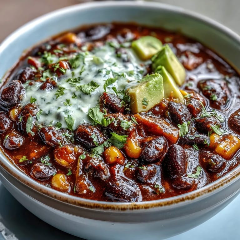 Steaming black bean and corn chili garnished with lime crema, sliced avocado, and chopped green onions.