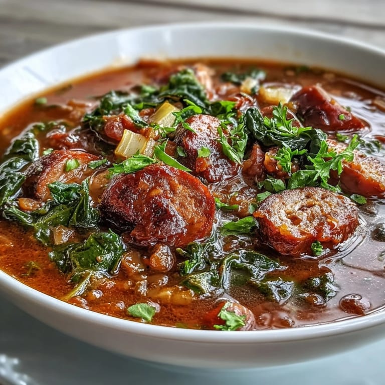 Aromatic spicy sausage and lentil soup with kale, showcasing earthy lentils, bold sausage, and fresh greens simmering in a flavorful, warming broth.