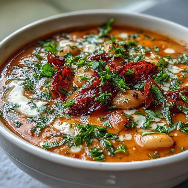 Rich and hearty Mediterranean soup featuring tender white beans, smoky paprika, and sweet roasted red peppers, garnished with fresh parsley.  