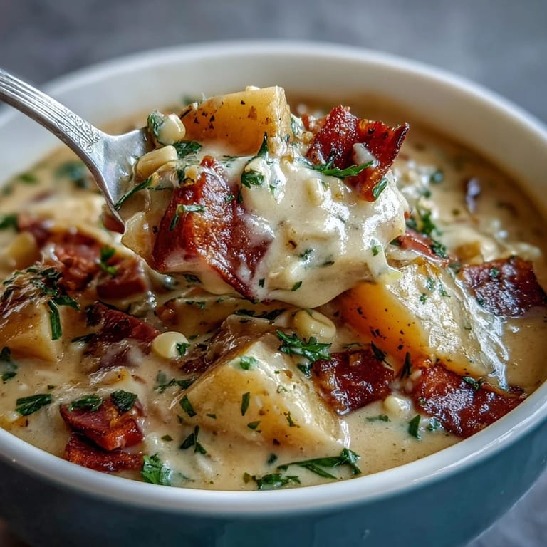 Hearty Light Ham and Potato Chowder with creamy broth, fresh vegetables, and diced ham, served steaming hot and garnished with herbs.