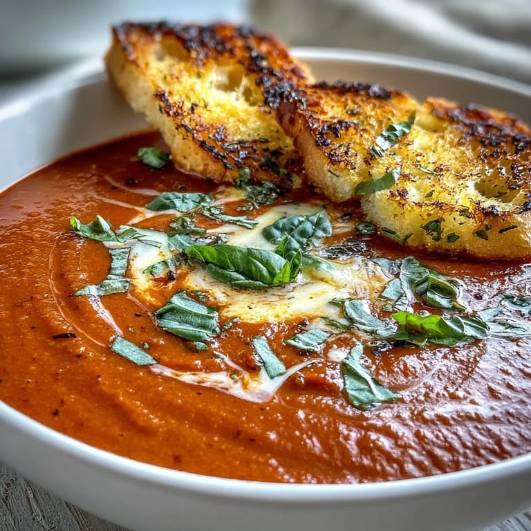 Rich and creamy tomato basil soup paired with golden sourdough dippers, a cozy vegetarian dish bursting with flavor.