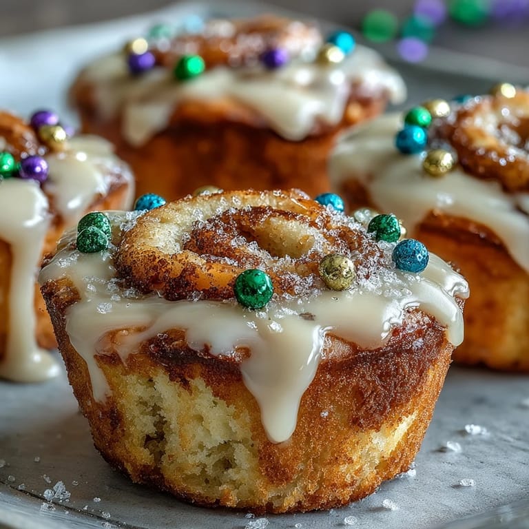 Bite-sized cinnamon swirl cupcakes topped with vibrant green, purple, and gold sugar, inspired by classic New Orleans King Cake.