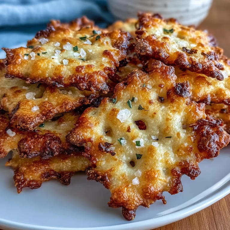 A stack of homemade Garlic Parmesan Sourdough Cheez-Its crackers, sprinkled with flaky salt and fresh Parmesan, ready for snacking.
