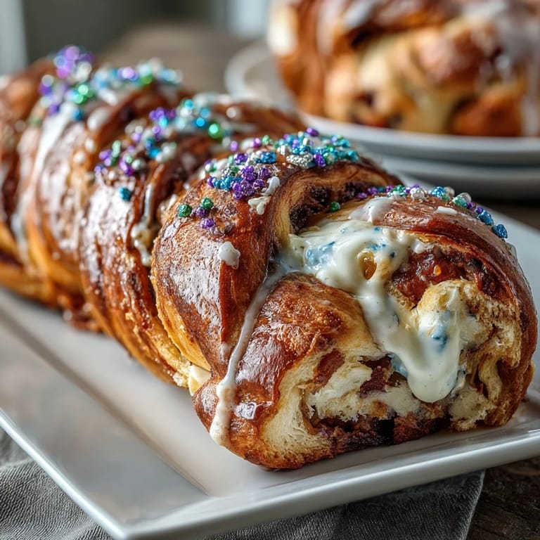 Festive King Cake Braid with lemon cream cheese filling, golden crust, and traditional purple, green, and gold sanding sugar decoration.