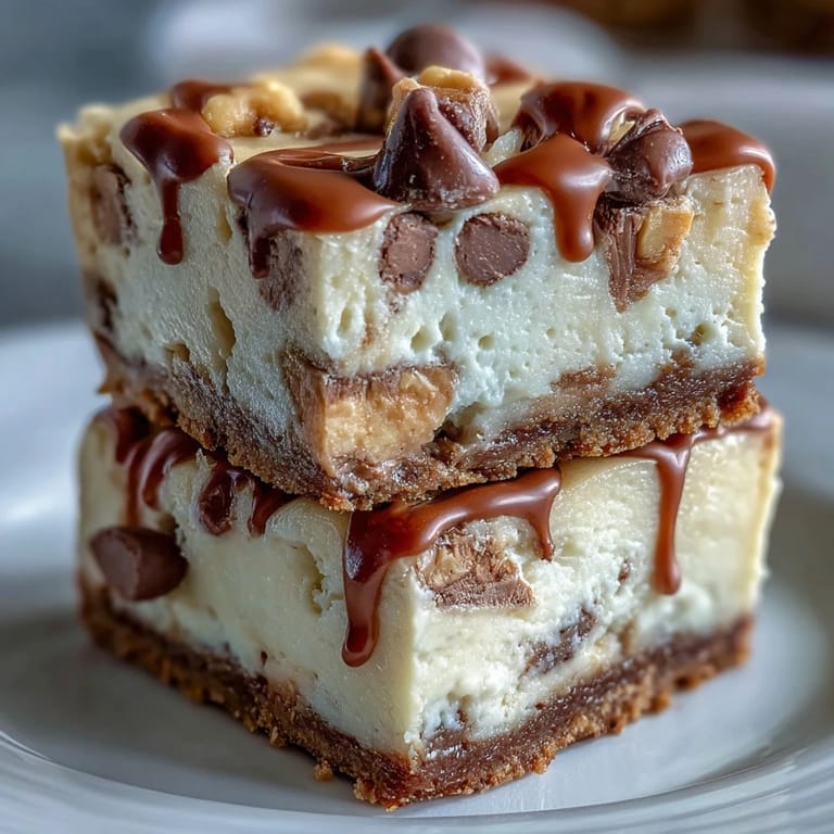 Irresistible cheesecake bars swirled with peanut butter and topped with mini peanut butter cups.  