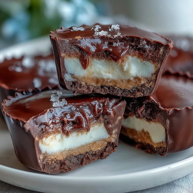 Indulgent protein-packed peanut butter cups featuring a tangy Greek yogurt center, enrobed in smooth dark chocolate for a healthy treat.