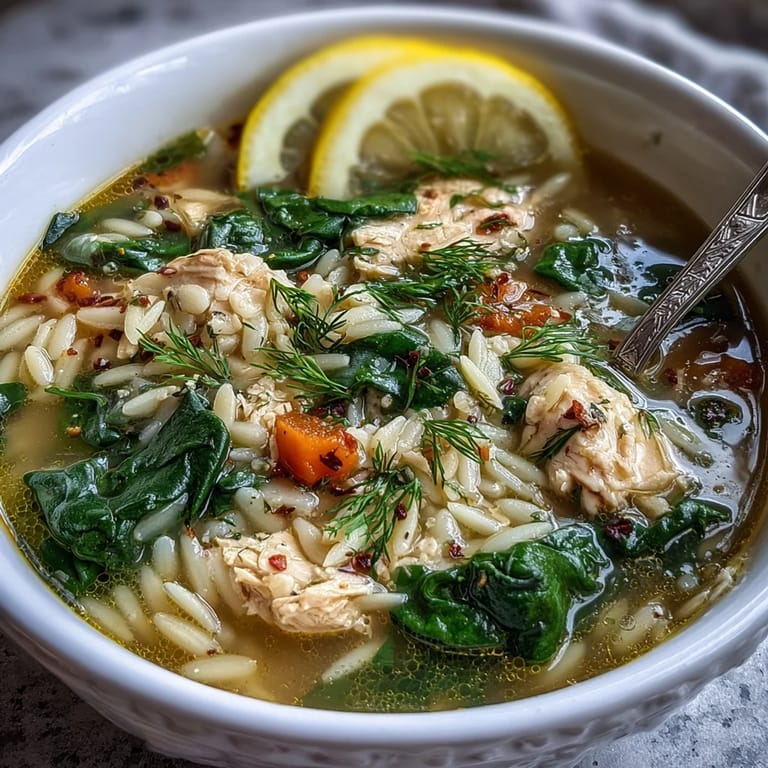 Comforting lemon chicken orzo soup served with bright greens, delicate pasta, and a splash of fresh lemon juice.  