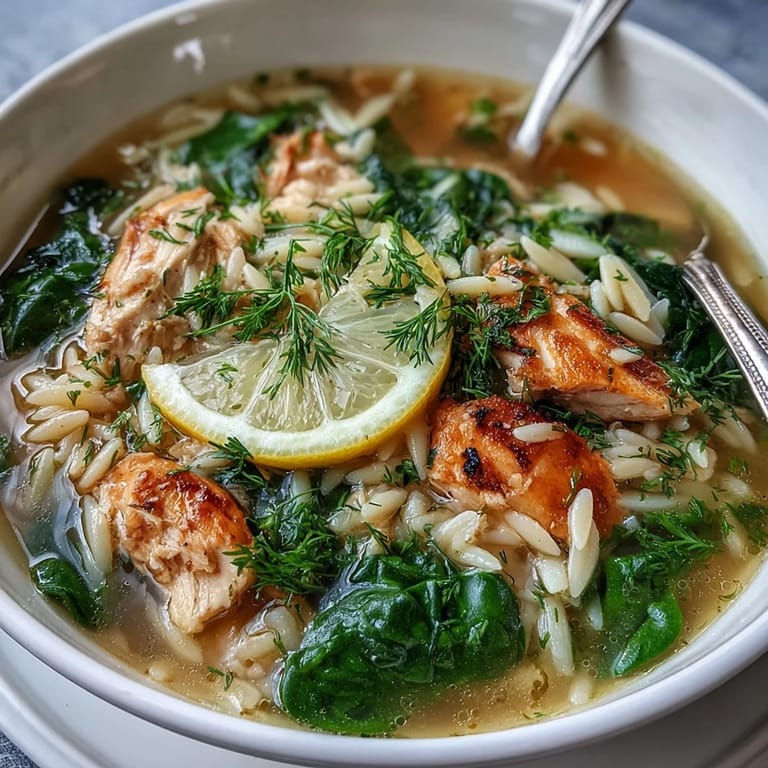 Hearty lemon chicken orzo soup featuring juicy chicken, tender orzo, and fresh spinach in a fragrant broth.