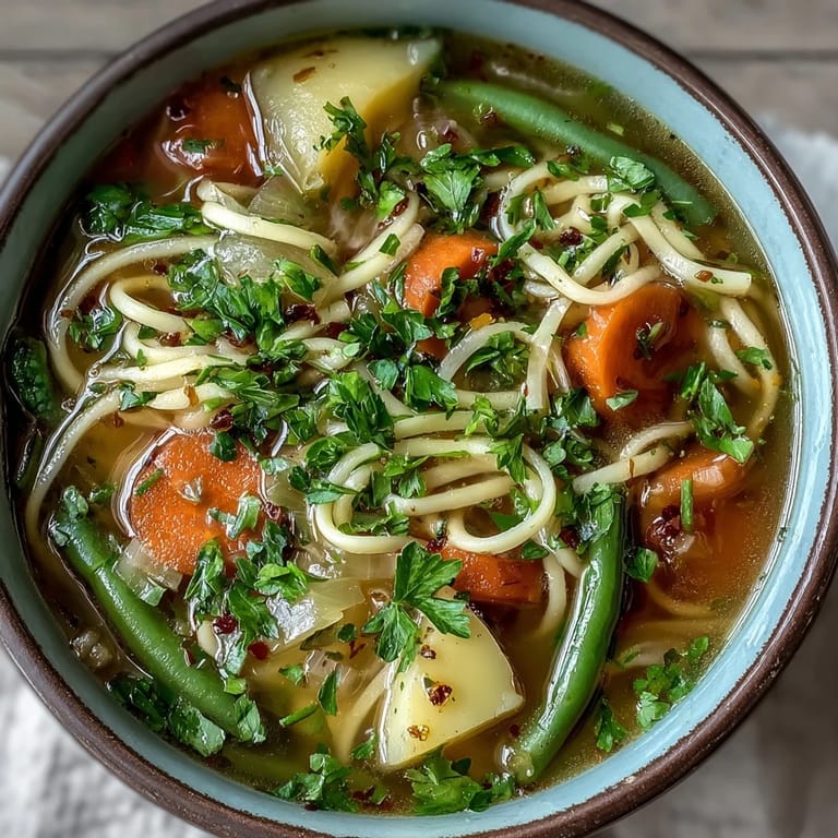 Comforting vegetable noodle soup filled with tender carrots, potatoes, and noodles—perfect for chilly days.  