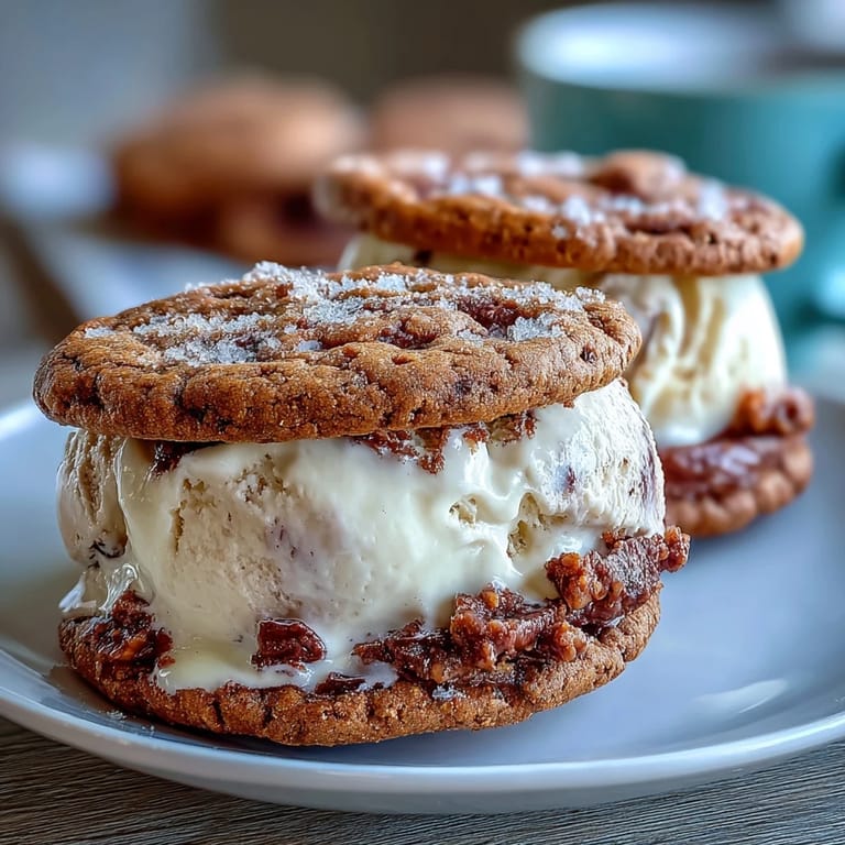 Vanilla bean ice cream filling nestled between freshly baked coffee cookies for a cool dessert.