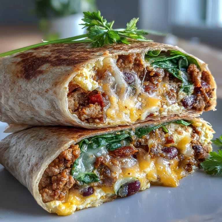 Hearty breakfast burrito filled with lean turkey, black beans, and sautéed vegetables, rolled in a warm tortilla for a protein-packed morning meal.