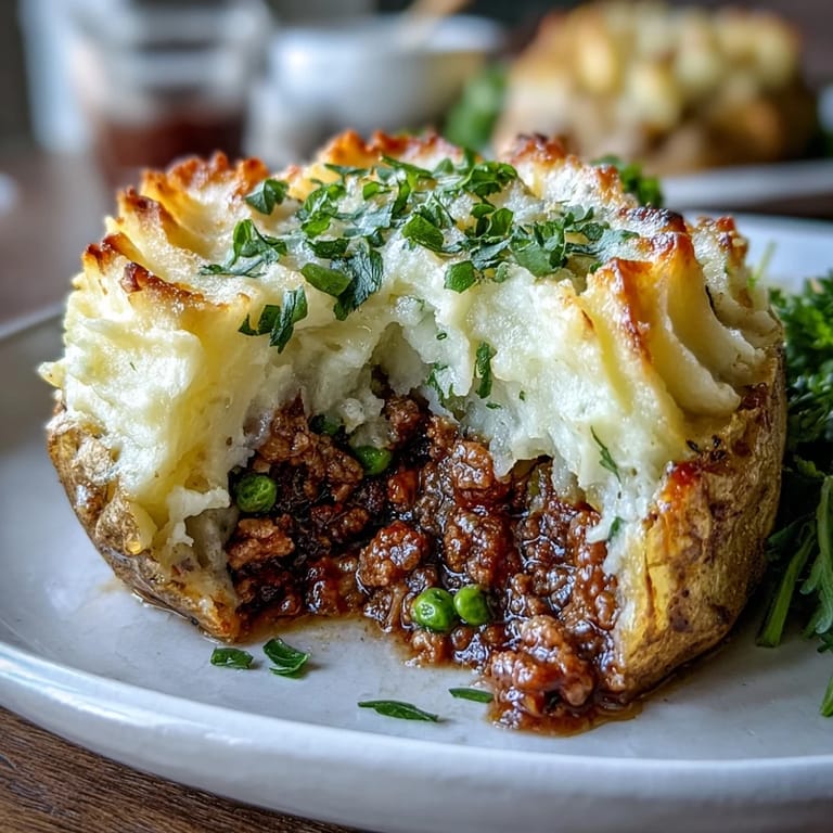 Hearty shepherds pie meets baked potato in this cozy dish with rich gravy, tender beef, and smooth potato topping.