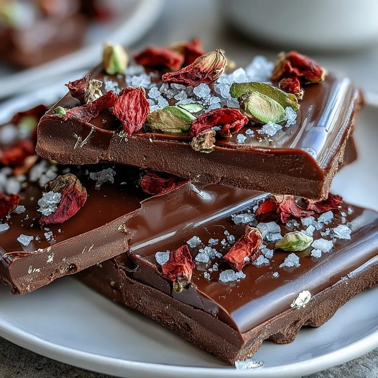 Decadent chocolate bark featuring rich dark chocolate, pistachios, and rose petals, inspired by Middle Eastern flavors and elegance.