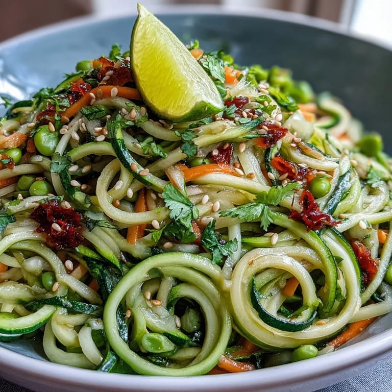 A light and healthy zucchini noodle stir fry featuring fresh snap peas, red bell pepper, and aromatic ginger-garlic sauce.