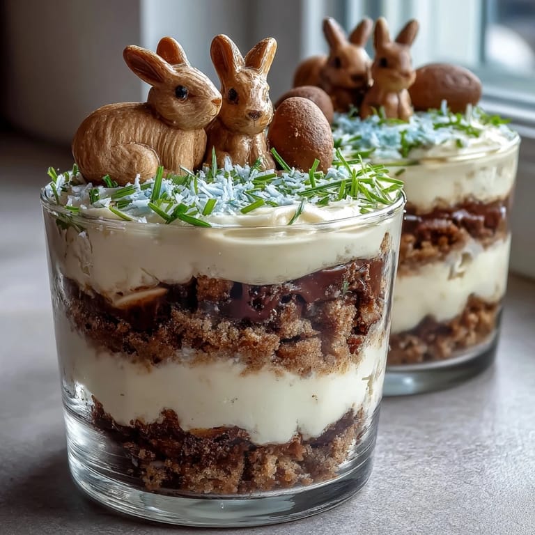 Kid-friendly Easter dessert featuring layers of creamy chocolate pudding, whipped topping, and cookie crumbs with festive bunny decorations.