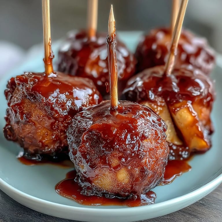 Mini candy apple bites with glossy red shell, offering a sweet-tart crunch in every party-ready skewer.