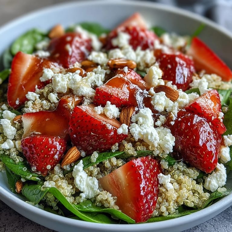 Fresh strawberries and feta cheese top hearty quinoa in a bright, wholesome salad with balsamic vinaigrette.