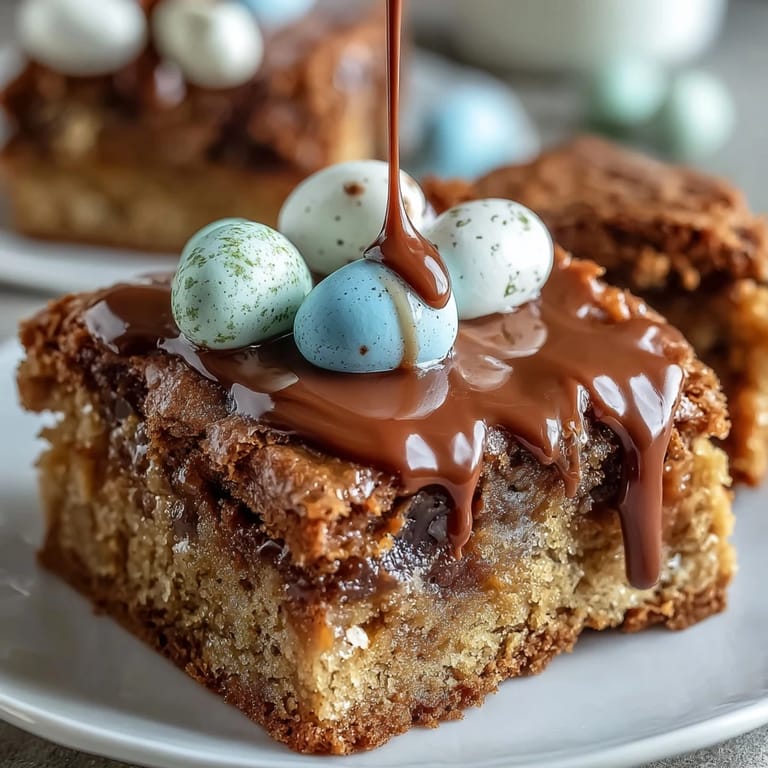 Spring dessert blondies loaded with Cadbury Mini Eggs, baked to chewy perfection, and topped with decadent white chocolate drizzle.