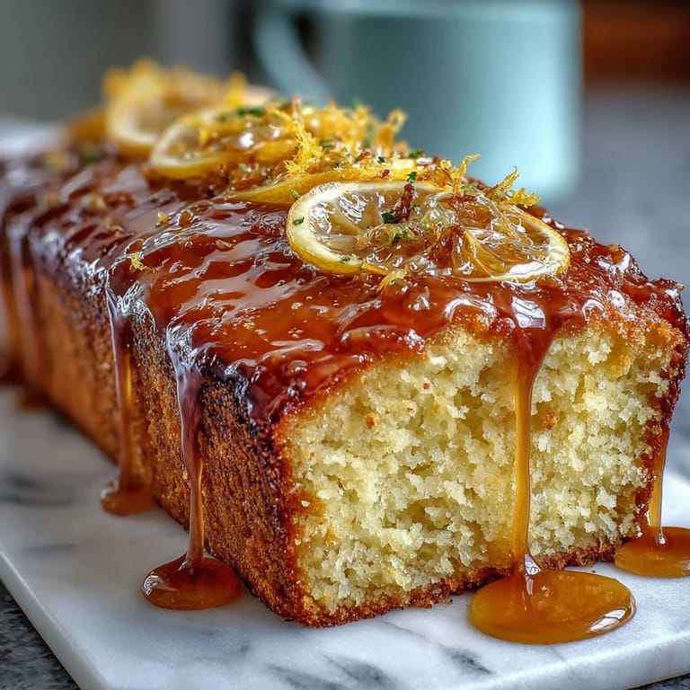 Freshly baked Lemon Drizzle Loaf Cake topped with glossy lemon icing, bursting with citrus aroma.