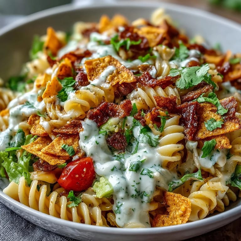 Creamy avocado ranch dressing coats taco pasta salad with Doritos, offering bold Tex-Mex flavors and satisfying crunch in every bite.