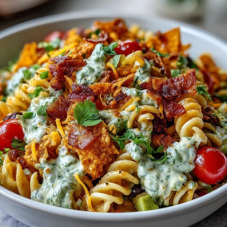 Easy taco pasta salad with Doritos and avocado ranch, a vibrant vegetarian dish that's sure to impress at any gathering.