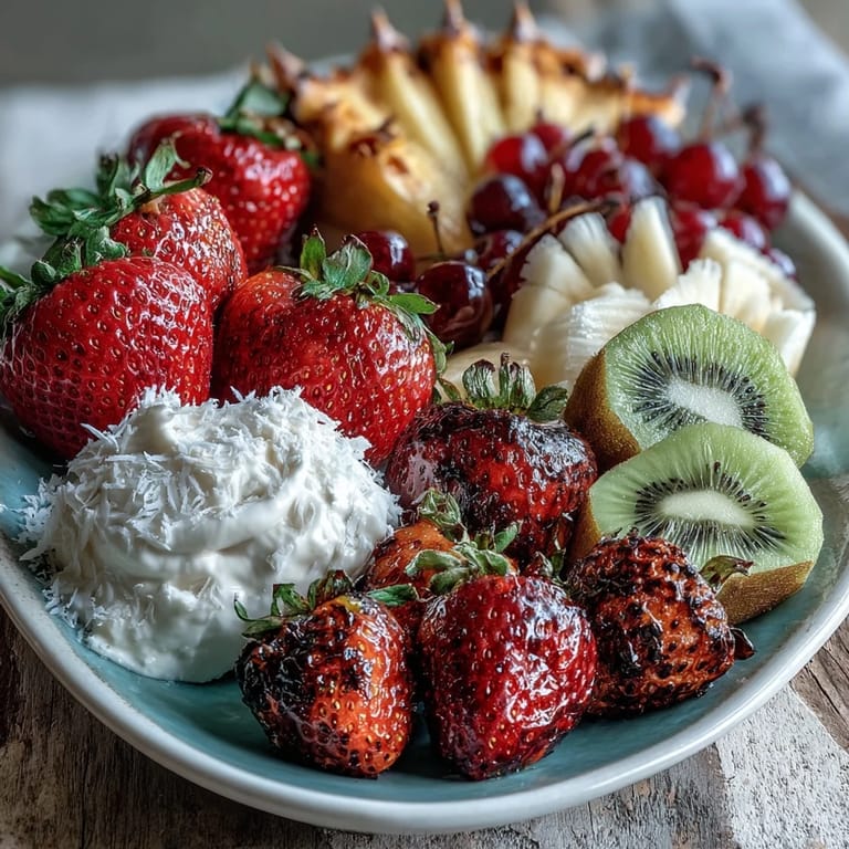 Rainbow Fruit Table with Coconut Whipped Cream: bright, seasonal fruits displayed in rainbow order, served with light, dairy-free coconut whipped cream.