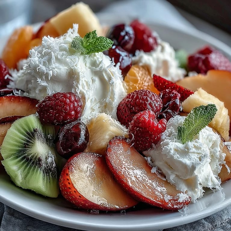 Rainbow Fruit Table with Coconut Whipped Cream: stunning fruit platter with juicy berries, melon, and kiwi, paired with luscious homemade coconut cream.